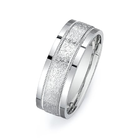 14K White gold polished flat men's 7.5 mm band with acid finish in the centre, milgrain detail stripes and polished edges.