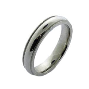 14K white gold men's polished domed comfort fit band with milgrain detail along the edge, 4mm wide. This ring is available in 14K/18K white, yellow or rose gold and platinum and in any width or finish.