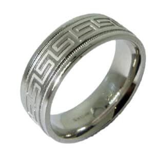 14K White gold men's 7.5mm band with Greek key engraved pattern. This ring is available in 14K/18K white, yellow or rose gold and platinum and in any width or finish.