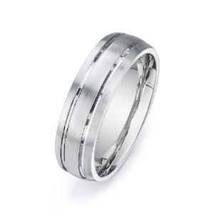14K White gold men's domed band with stainless finish and two accents grooves.
