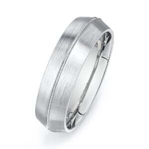 14KW men's domed 6.5mm band with milgrain detail down the centre and stainless finish.