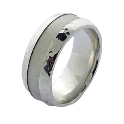 14K white gold men's band with hammered high polish edges and matte finished center, size 10 & 9mm wide. This ring is available in 14K/18K white, yellow or rose gold and platinum and in any width or finish.