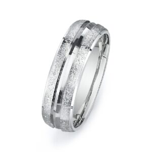 14K White gold men's 6.5mm wide band with beveled polished centre and acid textured edges.