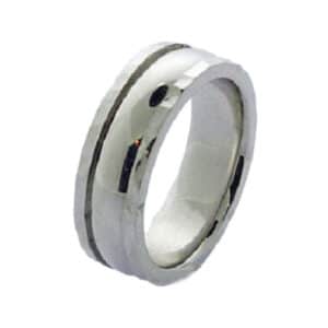 14K White gold custom men's band with polished domed centre and hammered finished edges. This ring is available in 14K/18K white, yellow or rose gold and platinum and in any width or finish.