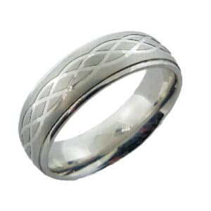 14K White gold domed men's 6.5mm band with etched celtic knot design in the center and polished edges. This ring is available in 14K/18K white, yellow or rose gold and platinum and in any width or finish.