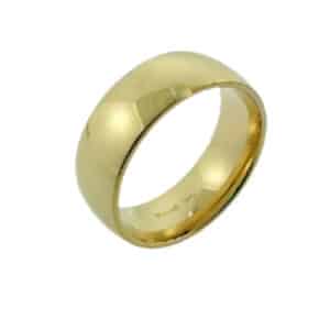 14K yellow gold men's 8mm Tiffany domed style, comfort fit polished gold band. This ring is available in 14K/18K white, yellow or rose gold and platinum and in any width or finish.