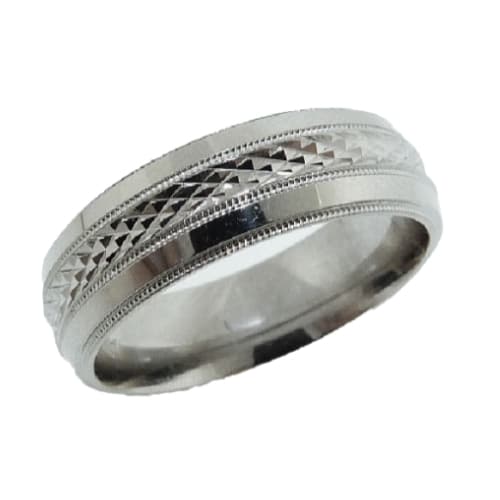 14 K white gold men's band with diamond cut texture and polished beveled edges and milgrain detail, 6.5mm wide. This ring is available in 14K/18K white, yellow or rose gold and platinum and in any width or finish.