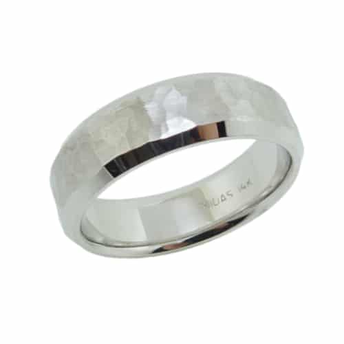 14 K white gold men's band with hammered texture with stainless finish centre and with polished beveled edges, 5mm wide. This ring is available in 14K/18K white, yellow or rose gold and platinum and in any width or finish.