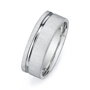 14K White gold polished flat men's 7.5 mm band with vertical line texture and an offset polished stripe.