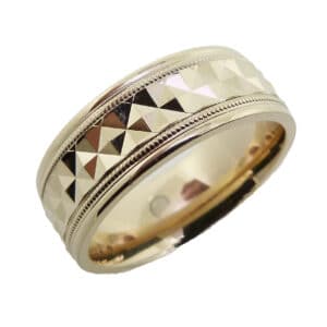 14K yellow gold men's 8mm band with a diamond cut texture. This ring is available in 14K/18K white, yellow or rose gold and platinum and in any width or finish.