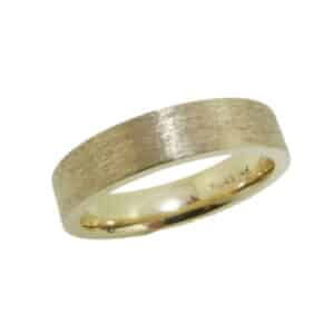 14K yellow gold men's 5mm pipestyle, comfort fit textured finish gold band. This ring is available in 14K/18K white, yellow or rose gold and platinum and in any width or finish.