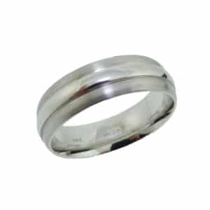 14K White gold men's band with polished domed centre and step down stainless finished edges. This ring is available in 14K/18K white, yellow or rose gold and platinum and in any width or finish.