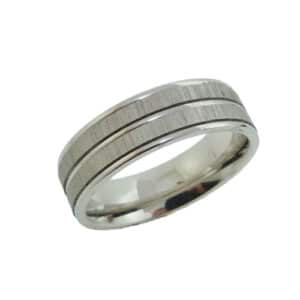 14K White gold men's flat 6.5mm band with vertical grooved finish and polished details. This ring is available in 14K/18K white, yellow or rose gold and platinum and in any width or finish.