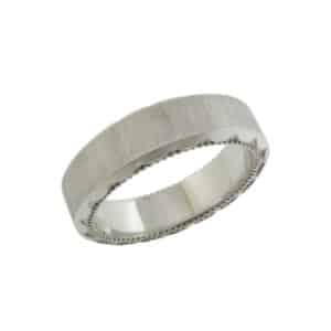 14K White gold men's flat 6.5mm band with vertical grooved finish and polished beveled edge with scalloped and milgrain profile details. This ring is available in 14K/18K white, yellow or rose gold and platinum and in any width or finish.