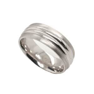 14K white gold men's domed 7.5mm band with a double polished stripes in the centre and stainless finished edges. This ring is available in 14K/18K white, yellow or rose gold and platinum and in any width or finish.