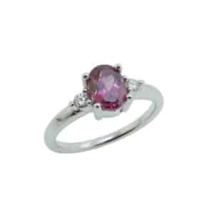 14k white ring set with a 0.91ct rhodolite garnet and 2 round brilliant cut diamonds, 0.086ctw, very good cut, I/J, SI2/I1.