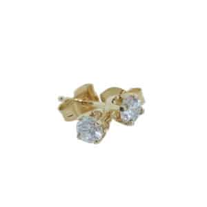14K Yellow gold 4 prong stud earrings set with 2 round brilliant cut diamonds, 0.137cttw, H/I, I1.