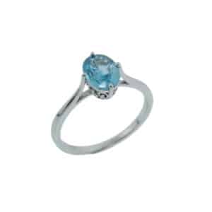 14K White gold lady's ring claw set with a 1.54 carat oval blue zircon.