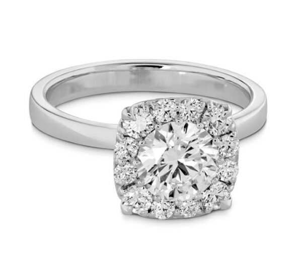 18kw engagement ring by Hearts On Fire set with a 0.50ct CZ and accented on the halo with 0.13cttw, G/H, VS-SI round brilliant cut diamonds.  