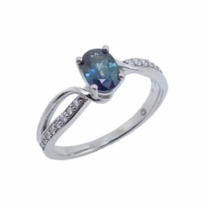 14K White gold ring set with an oval 0.841ct blue/green sapphire and accented with 16 very good cut, round brilliant cut diamonds, 0.12cttw, G/H, SI1-2.