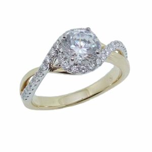 14KWY bypass style engagement ring set with a round 0.75ct CZ and 36 round brilliant cut diamonds on the band totaling 0.30 carats, H/I, SI.