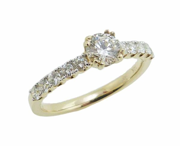 14K Yellow engagement ring claw set with a 0.43ct ideal cut round brilliant cut diamond, I, SI2 and claw set on the band with 10 round brilliant cut diamonds, 0.41cttw, H/I, SI1-2.