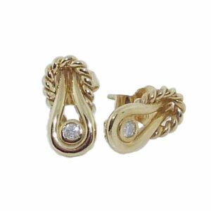 14k yellow gold rope design earrings set with 2 = 0.05cttw G/H, SI round brilliant cut diamonds.