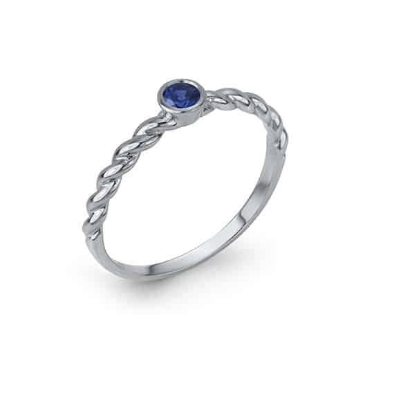 14KW lady's twisted band ring bezel set with a 0.13ct sapphire.