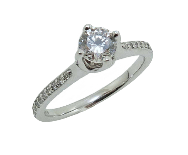 14K White gold solitaire engagement ring with an offset centre setting 0.5ct CZ and 20 round brilliant cut diamonds, 0.12cttw, G/H, SI. Priced without a center gemstone. Let us find you the perfect center that fits your tastes and budget!