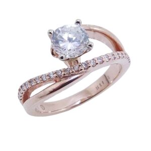 14K Rose and white gold bypass split shank engagement ring claw set in the centre with a 0.75ct CZ and on the band with 23 claw set round brilliant cut diamonds, 0.17cttw, G/H, SI, VG cut. Priced without a center gemstone. Let us find you the perfect center that fits your tastes and budget!