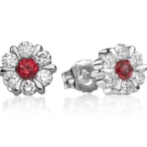 14k white gold stud earrings set with 2= 0.18cttw rubies and a halo of 6 = 0.36cttw round brilliant cut diamonds. These stud earrings are a perfect gift to represent July birthdays.
