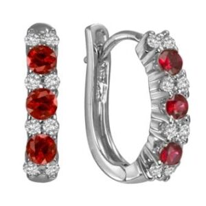 14k white gold hoop earrings set with 6 = 0.47cttw rubies and a halo of 16 = 0.17cttw round brilliant cut diamonds.