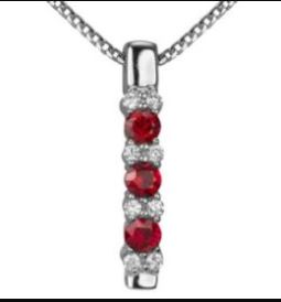 14k white gold pendant set with 3 = 0.50cttw rubies and 8 = 0.12cttw round brilliant cut diamonds.