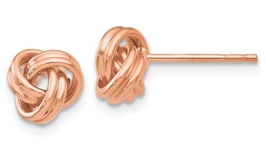 14 karat rose gold love knot stud earrings.