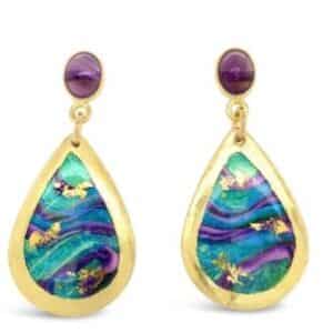 Abalone mini teardrop earrings with amethyst by Evocateur.  These stunning earrings feature gold leaf.