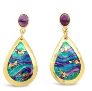 Abalone mini teardrop earrings with amethyst by Evocateur.  These stunning earrings feature gold leaf.
