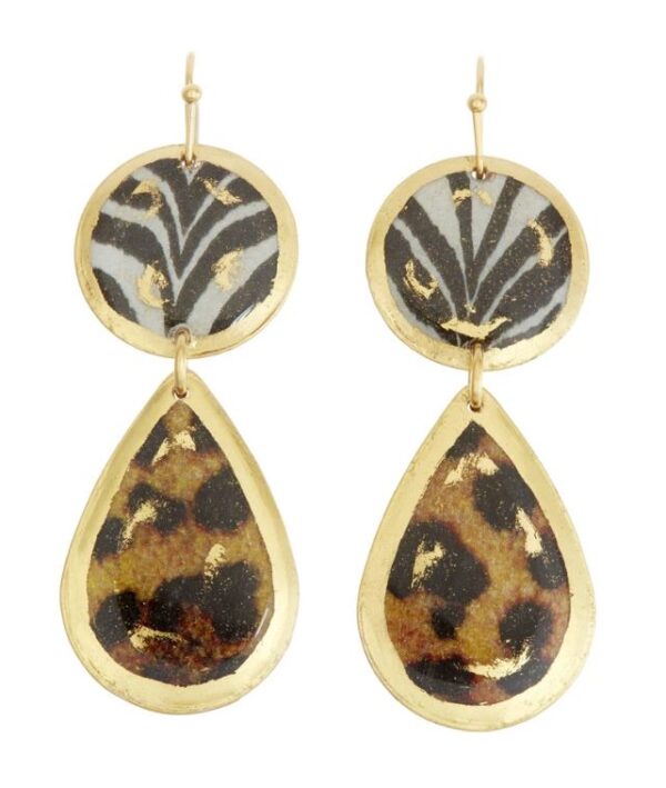 Zebra and Leopard print mini teardrop earrings by Evocateur.  These stunning earrings are silver with gold leaf.