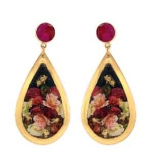 Roses Large Tear Drop Evocateur Earrings Ruby Post with gold leaf.
