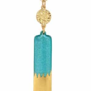 Turquoise Skyline Column Evocateur necklace with gold leaf on one side and hammered disc on 24"chain.