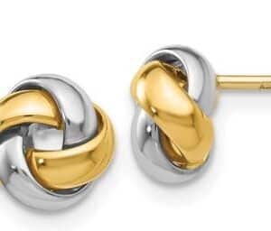 14 karat yellow and white gold love knot stud earrings.