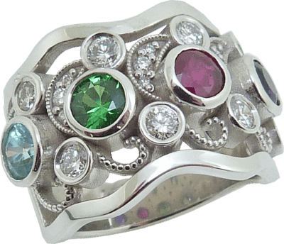 Wide Filigree And Gem Stone Family Ring