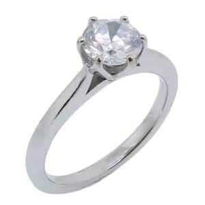 14K white gold six prong solitaire engagement ring. Priced without a center gemstone. Let us find you the perfect center that fits your tastes and budget!