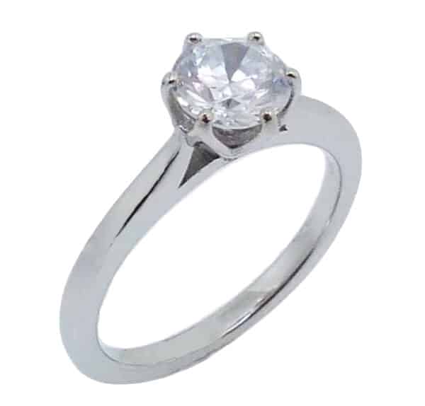 14K white gold six prong solitaire engagement ring. Priced without a center gemstone. Let us find you the perfect center that fits your tastes and budget!