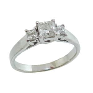 14K White gold engagement ring claw set with a 0.40ct, H, VS1 Firemark princess cut diamond and accented with 2 princess cut diamonds, 0.158cttw, G/H, VS2-SI1.