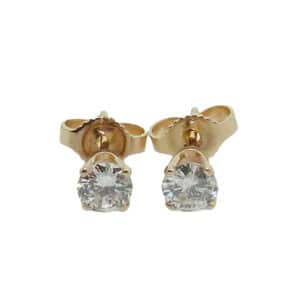 14K Yellow gold 4 prong stud earrings set with 2 good cut, round brilliant cut diamonds, 0.48cttw J/K, I1.