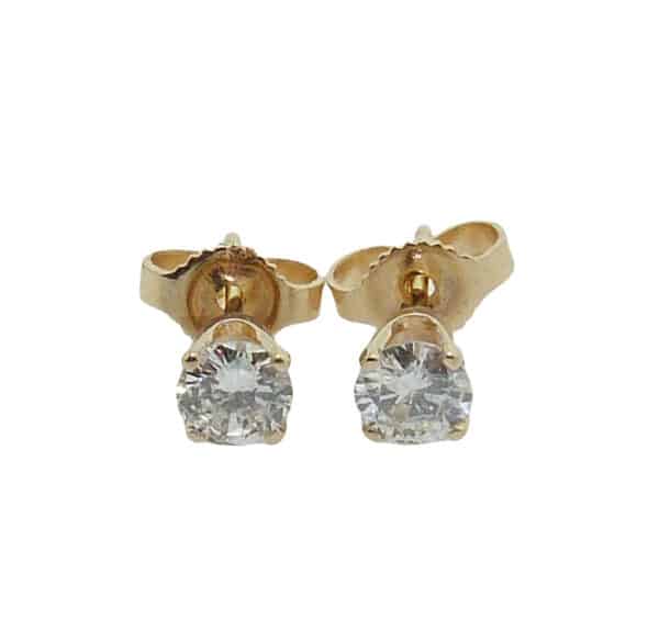 14K Yellow gold 4 prong stud earrings set with 2 good cut, round brilliant cut diamonds, 0.48cttw J/K, I1.