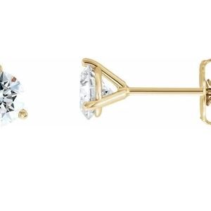 14K Yellow gold 3 prong stud earrings set with 2 round brilliant cut diamonds, 0.332cttw, Ideal cut, I/J, SI2.