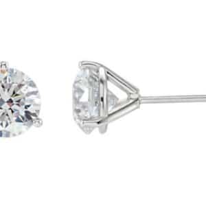 14K white gold 3 prong stud earrings set with 2 round brilliant cut diamonds, 0.332cttw, Ideal cut, I/J, SI2.