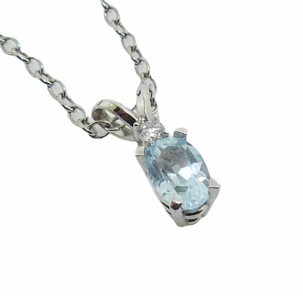 14 white gold pendant set with a 0.40ct aquamarine. Aquamarine is the birthstone for March.
