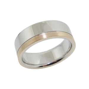 14K Yellow and white flat men's 7.5mm band with stainless and polish finishes.